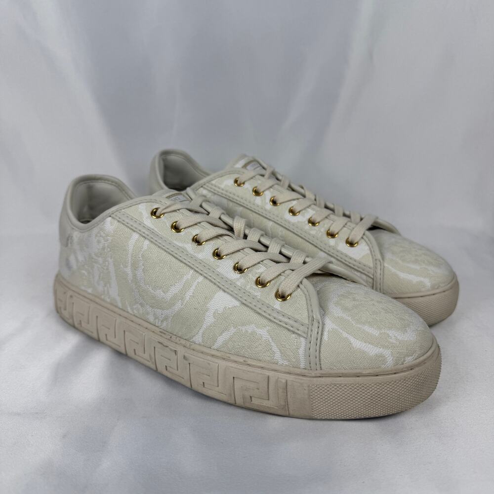 Versace Barocco Greca Jacquard Canvas Sneakers Cream White Size 44